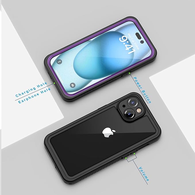 Lanhiem for iPhone 15 Case, IP68 Waterproof Dustproof Shockproof Cases with Built-in Screen Protector, 360 Full Body Protective Heavy Duty Rugged Phone Cover for iPhone 15-6.1 inch (Purple)