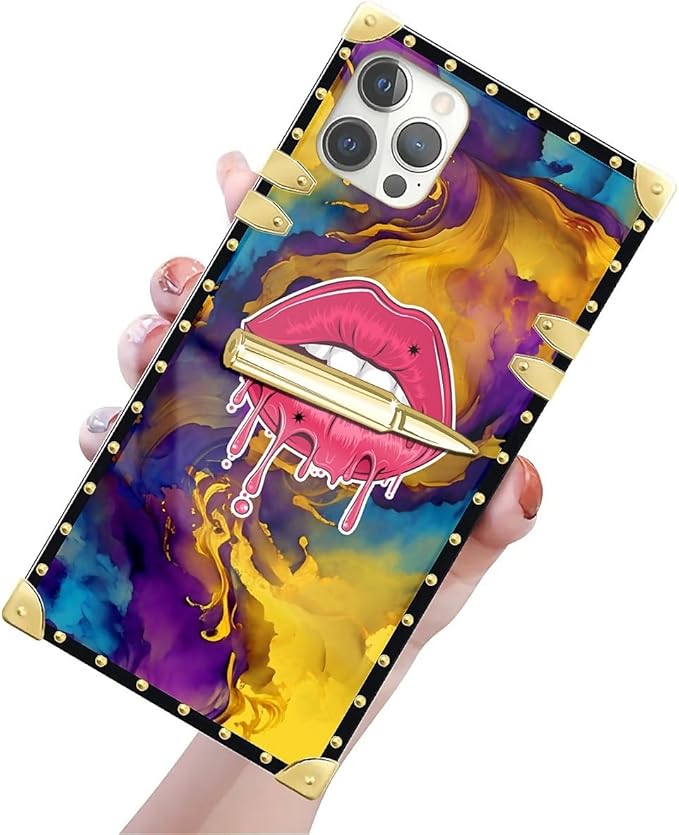 Compatible with iPhone 12 12 Pro Case, Cool Corlorful Lip Marble Luxury Golden Decoration for Girl Women Soft TPU Shockproof Protective Hard PC Back for iPhone 12 12 Pro