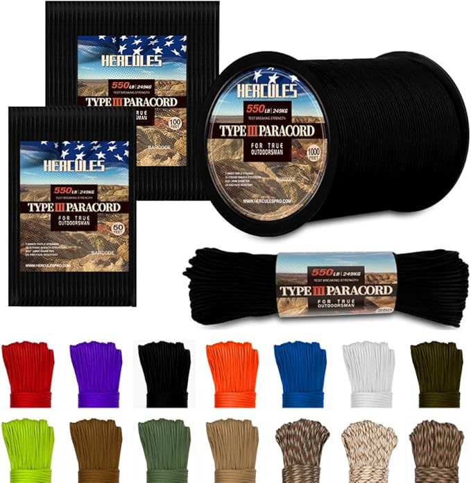 HERCULES Type III Paracord 550 Paracord Rope Parachute Cord, 250' Black for Survival Rope, Survival Cord