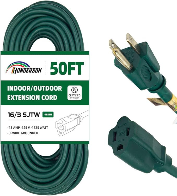 50FT Outdoor Extension Cord-16/3 SJTW Durable Green Extension Cable with 3 Prong Grounded Plug for Safety,Great for Outside Christmas Decorations