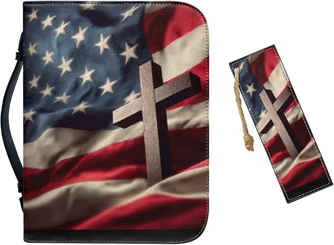Large Bible Cover Case for Women Men American Flag and Cross PU Leather Bible Case with Bookmark Church Bag Book Carrying Case Bible Cover for Women Men Bible Case for Men Women