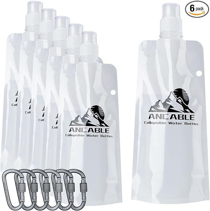 Ancable 17oz Collapsible Water Bottles, 6-Pack Reusable Travel Foldable Water Bottles for Hiking Camping Running Bike, BPA-Free Water Bottle, White