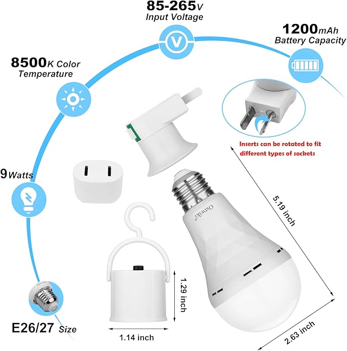 Ostwiki 2 Pack Emergency Rechargeable Light Bulbs,Battery Operated Backup Light Bulb 9W E27 8500K 1200mAh White Equivalent Self-Charging LED Light Bulbs for Power Outage Camping Outdoor Activity