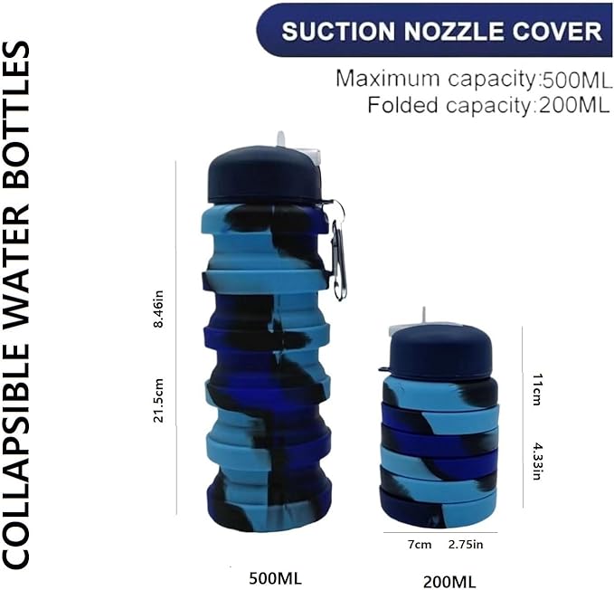 Collapsible Water Bottles 2 Pack 16oz(about 500ml), Travel Portable Sport Water Bottle, Silicone Foldable Water Bottles for Gym Camping Outdoor Hiking. (Blue Camouflage+Pink Camouflage)