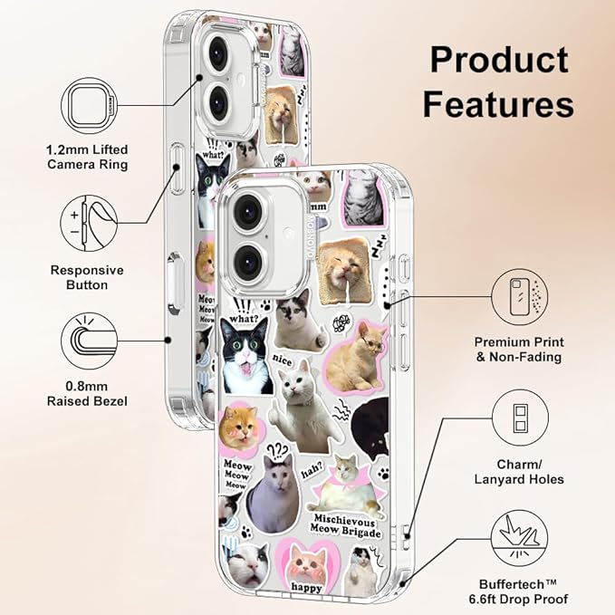 MOSNOVO Case for iPhone 16 Plus, [Buffertech 6.6ft Military-Grade Drop Protection] [Anti Peel Off Tech] Clear TPU Bumper Phone Case Cover Design - The Cat Brigade