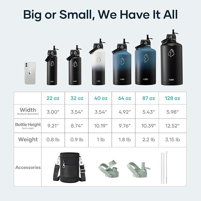 BUZIO 64oz Insulated Water Bottle, Half gallon Stainless Steel Jug (Cold for 48 Hrs), Triple Wall Vacuum Large Metal Flask with Leakproof Straw Lid and Carry Sleeve, Sage Green