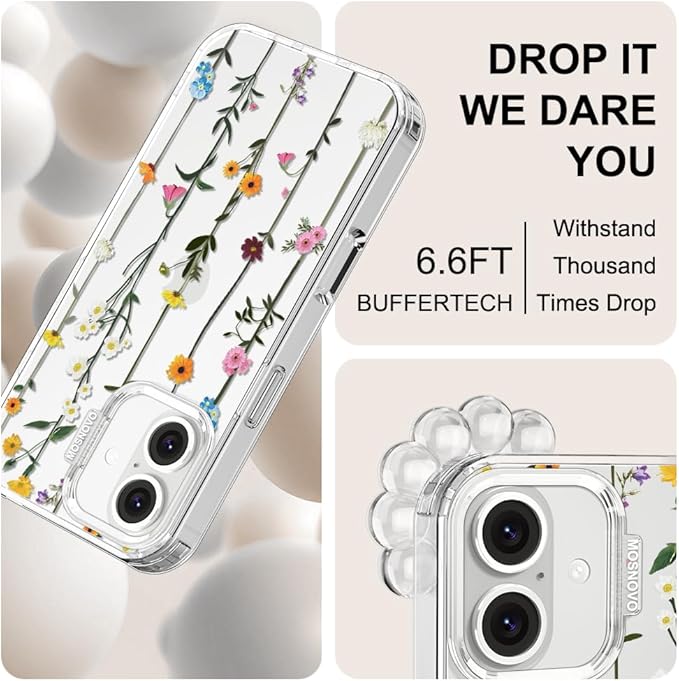 MOSNOVO Case for iPhone 16, [Buffertech 6.6ft Military-Grade Drop Protection] [Anti Peel Off Tech] Clear TPU Bumper Phone Case Cover Design - Wildflowers
