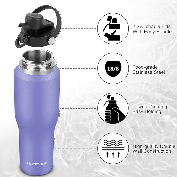 ABOTOCUP 32oz Black Water Bottle Stainless Steel, Keep Cold 24H&Hot 12H, Water Bottle with Straw&Spout Lids, Insulated Water Bottle Double Wall Vacuum, Fit in Any Car Cup Holder, Leak-proof BPA Free