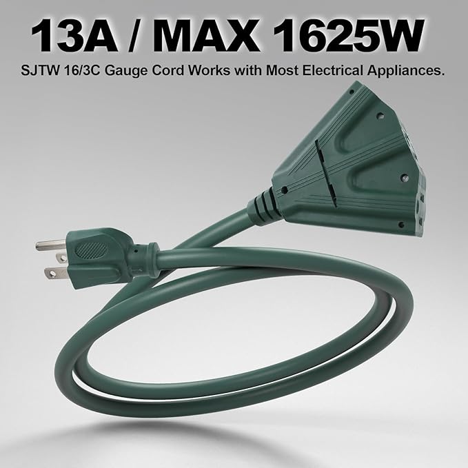 EP 15 Ft Outdoor Extension Cord with 3 Electrical Power Outlets - 16/3 SJTW Green Cable with 3 Prong Grounded Plug for Safety Great for Christmas Lights, Garden and Major Appliances