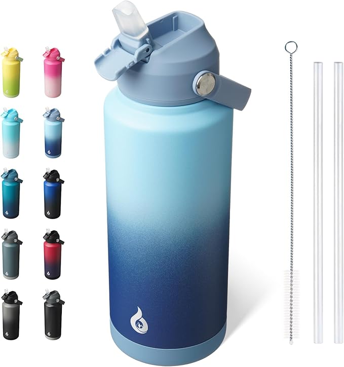 BJPKPK Water Bottle with Straw Lid, 32oz Vacuum Insulated Water Bottles, Metal Stainless Steel Thermo for Sports, Travel, BPA Free Leak Proof Thermo, Cups, Flasks, Tumblers,Sky