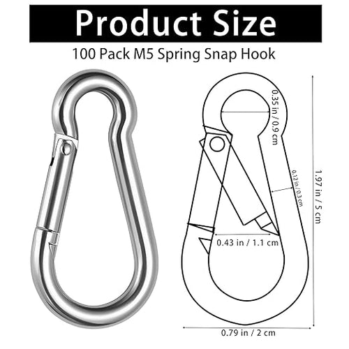 100 Pack M5 Spring Snap Hook Carabiner, Heavy Duty Galvanized Steel Quick Link Carabiner Clip, 200LBS Holding Capacity for Swing Hammock Travel Camping Fishing Hiking Gym Outdoor