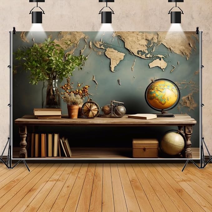 7x5ft Vintage World Map Backdrop Wooden Desk Globe Photography Background Study Room Office Bookcase Books for Video Conference Zoom Meeting Graduation Party Cake Table Banner Photo Booth Props