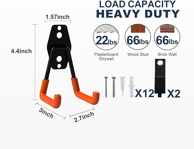 Garage Hooks Heavy Duty, 6 Pack Small Square Steel Garage Storage Hooks with Anti-Slip Coating, Multi-Purpose Ladder Hooks for Hanging Garden Tools, Hoses, Bikes and Folding Chairs (Orange)