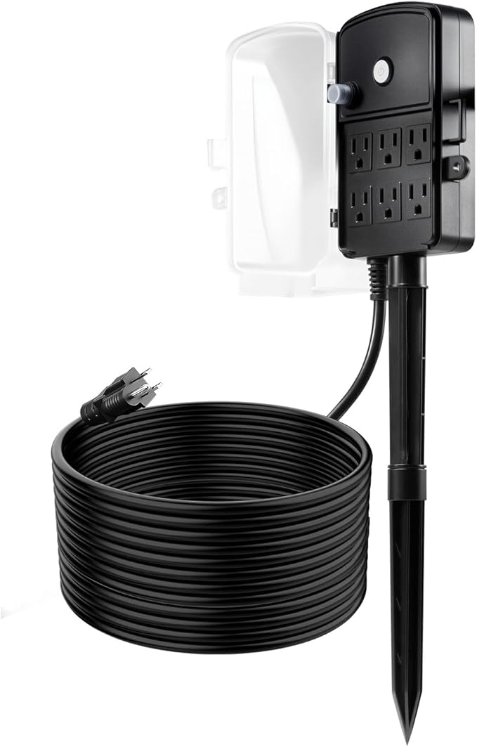 VEVOR Outdoor Power Stake Waterproof, 25 FT Extension Cord, Outdoor Power Strip, Weatherproof with Cover and Overload Protection, 6 Outlets, 15A/1875W for Halloween/Christmas Lights Decorations