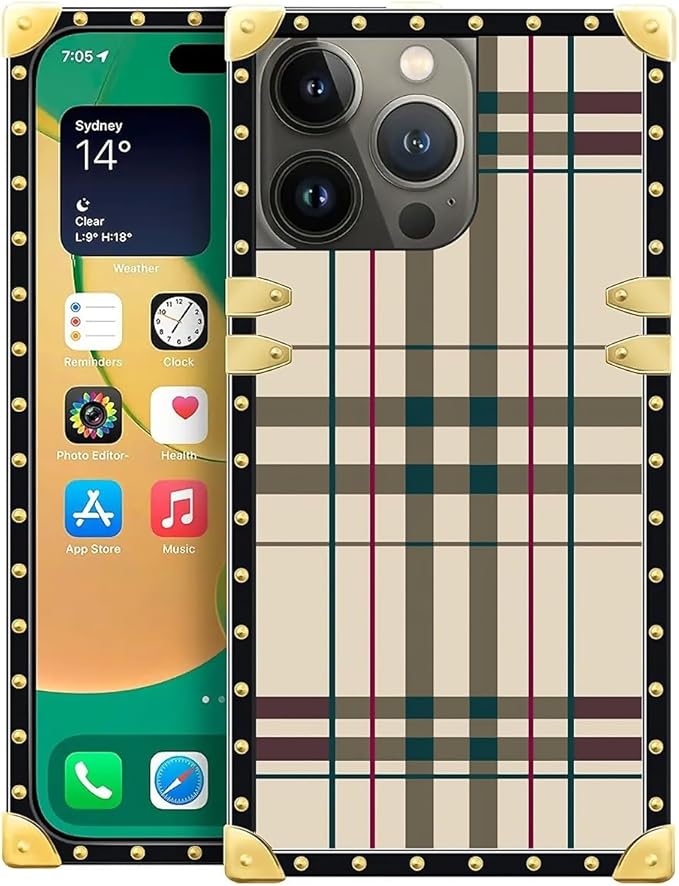 Compatible with iPhone 14 Pro Case, Black Red Beige Stripes Luxury Golden Decoration for Girl Women Soft TPU Shockproof Protective Hard PC Back for iPhone 14 Pro