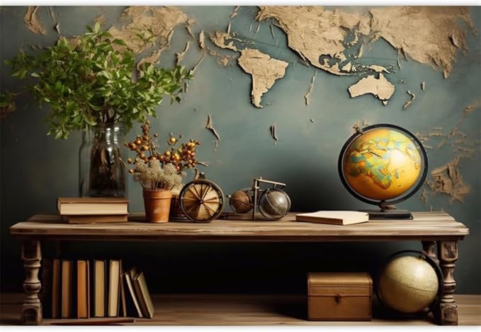 7x5ft Vintage World Map Backdrop Wooden Desk Globe Photography Background Study Room Office Bookcase Books for Video Conference Zoom Meeting Graduation Party Cake Table Banner Photo Booth Props