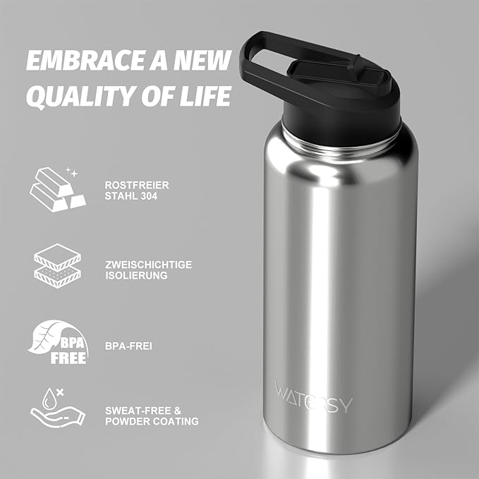 32oz Insulated Water Bottle (Cold for 48 Hrs),BPA Free&Leak Proof,Stainless Steel Water Flask,Water Jug with Straw Spout Lids for Gym,Hiking,Travel,Stainless