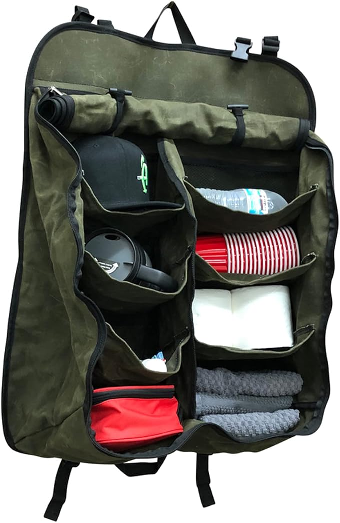 Overland Vehicle Systems Camping Gear Storage Bag - #16 Waxed Canvas - Infused with Paraffin Wax Waterproofing - 8 Storage Pockets for all your toiletries, clothes, shoes and camping gear.