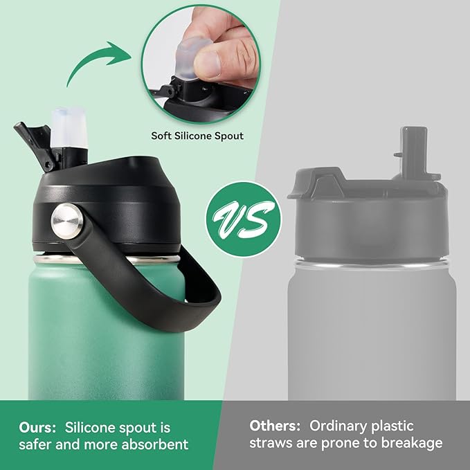 Fijinhom 18oz Insulated Stainless Steel Water Bottle, Wide Mouth Double Wall Vacuum, Silicone Straw, Sweat & Leak Proof, BPA Free Insulated Water Flask for Travel, Keep Cold 24h Hot 12h, Green & Black
