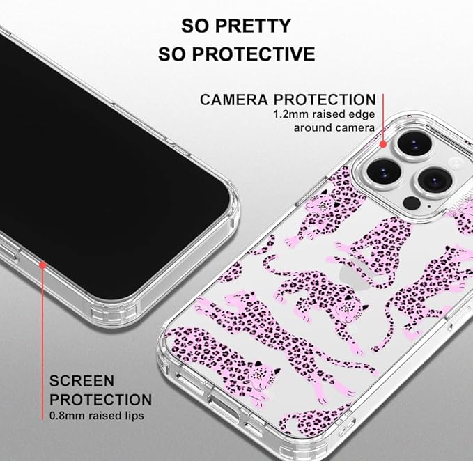 MOSNOVO Case for iPhone 16 Pro, [Buffertech 6.6ft Military-Grade Drop Protection] [Anti Peel Off Tech] Clear TPU Bumper Phone Case Cover Design - Pink Leopard