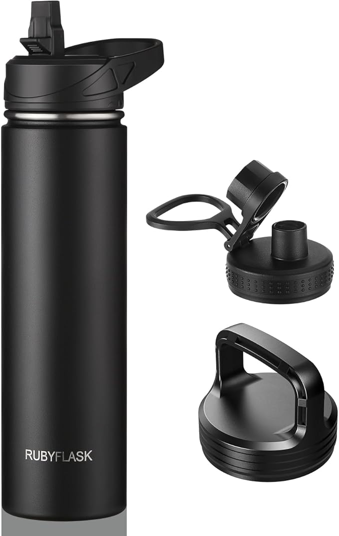RUBYFLASK 24oz Insulated Water Bottle with Straw, Stainless Steel Metal Vacuum Water Flask, Large Thermal Water bottle with Leakproof 3 Lids for Travel, Camping, Gym Sports Black
