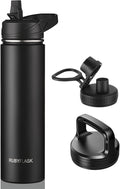 RUBYFLASK 24oz Insulated Water Bottle with Straw, Stainless Steel Metal Vacuum Water Flask, Large Thermal Water bottle with Leakproof 3 Lids for Travel, Camping, Gym Sports Black
