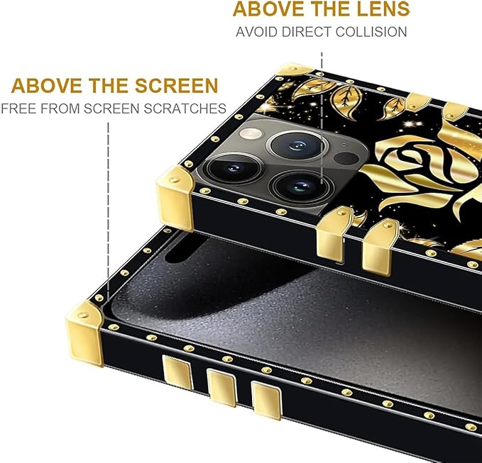 Compatible with iPhone 16 Pro Case, Shine Gold Rose Luxury Golden Decoration for Girl Women Soft TPU Shockproof Protective Hard PC Back for iPhone 16 Pro