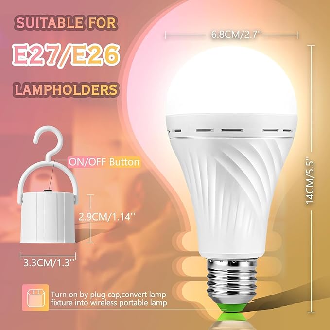 Emergency Rechargeable Light Bulbs, Battery Powered LED Light Bulb Daylight E26 12W 60W Equivalent with 1500mAh for Home Power Outage Camping Hiking(6 Bulbs,3 Plug Caps, 3 Hooks,3 socket adapter)