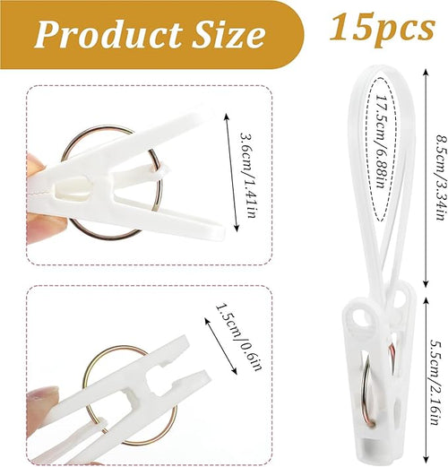 15 Pack Laundry Hooks with Rope, Multi-Purpose Clothes Pins & Hanging Clips for Closet Organizer, Windproof Drying Rack Accessories for Pants, Socks, Bras, Towels, Hats, Baby Clothes (White)
