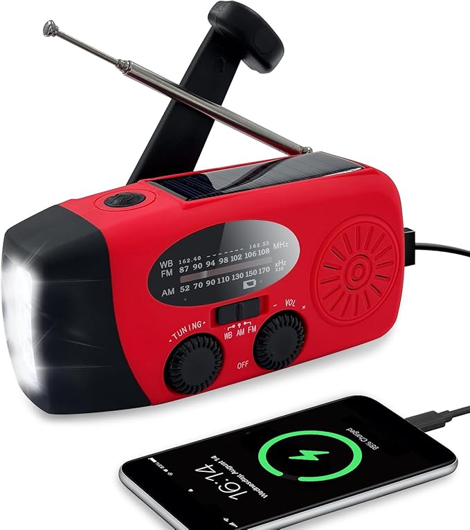 Emergency Hand Crank Weather Radio, AM/FM NOAA Portable Solar Radio with 2000mAh Battery Phone Charger, SOS Alarm & Survival Flashlight for Indoor/Outdoor, Emergency, Hurricane (Red)