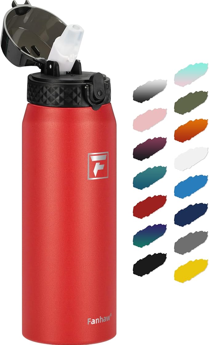 Fanhaw 24 oz Insulated Stainless Steel Water Bottle with Straw Lid, Leakproof & Anti-Dust Sports Bottle for Kids, Women & Men (Red)