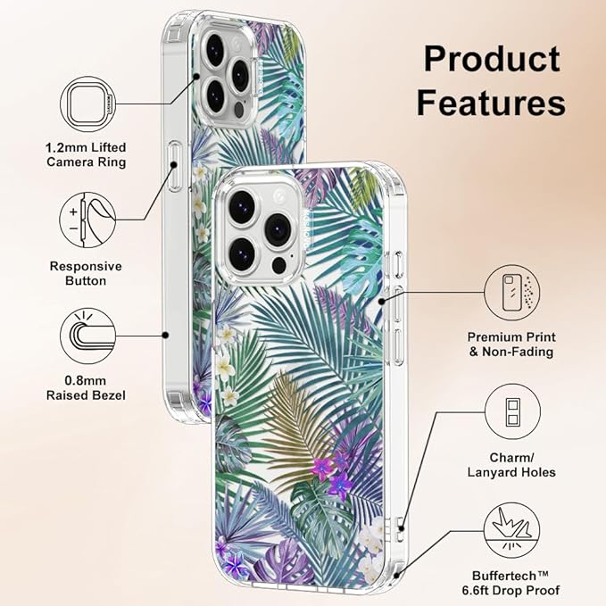 MOSNOVO for iPhone 13 Pro Max Case, [Buffertech 6.6 ft Drop Impact] [Anti Peel Off] Clear Shockproof TPU Protective Bumper Phone Cases Cover with Tropical Rainforests Design for iPhone 13 Pro Max