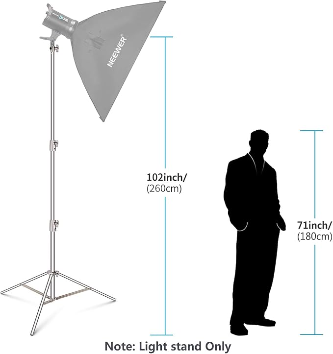 NEEWER 102"/2.6m Stainless Steel Light Stand, Spring Cushioned Heavy Duty Photography Tripod Stand with 1/4” to 3/8” Universal Screw Adapter for Strobe, LED Video Light, Ring Light, Monolight, Softbox