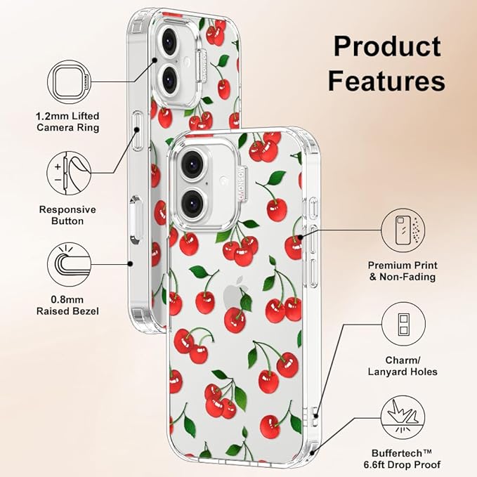 MOSNOVO Case for iPhone 16, [Buffertech 6.6ft Military-Grade Drop Protection] [Anti Peel Off Tech] Clear TPU Bumper Phone Case Cover Design - Cute Cherry