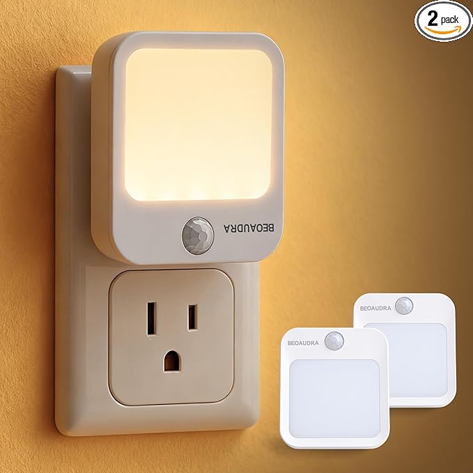 Motion Sensor Night Light Plug in, Dimmable Warm White Motion Activated LED Night Lights for Bedroom Bathroom Hallway Stairs 2 Pack