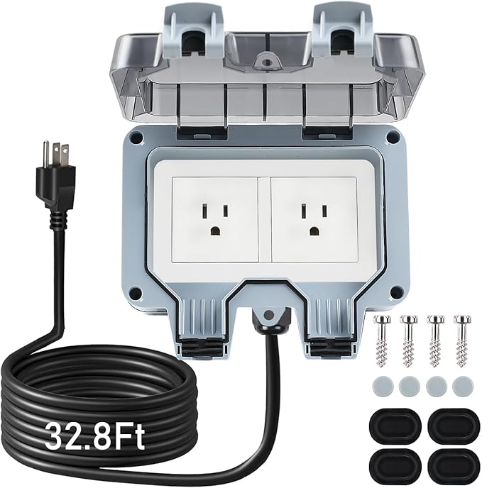 Outdoor Power Outlet Box with 32.8Ft Extension Cord, NEMA 5-15R, STW 14 AWG, Weatherproof Waterproof IP66 Electrical Outlet Extender, Exterior Wall Power Socket w/Cover for Garden