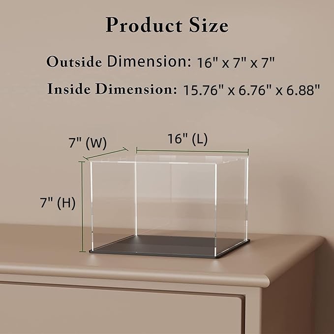 Display Case for Long Truck and Model Cars, Acrylic Box for Trophy and Toy Figures, Clear Acrylic Display Cases with Matte Black Base for Collection Protection and Storage, 16x7x7 inch