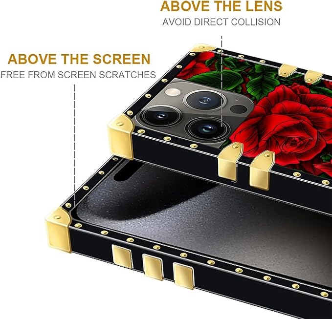 Compatible with iPhone 16 Pro Max Case, Vector Red Rose Green Leaf Luxury Golden Decoration for Girl Women Soft TPU Shockproof Protective Hard PC Back