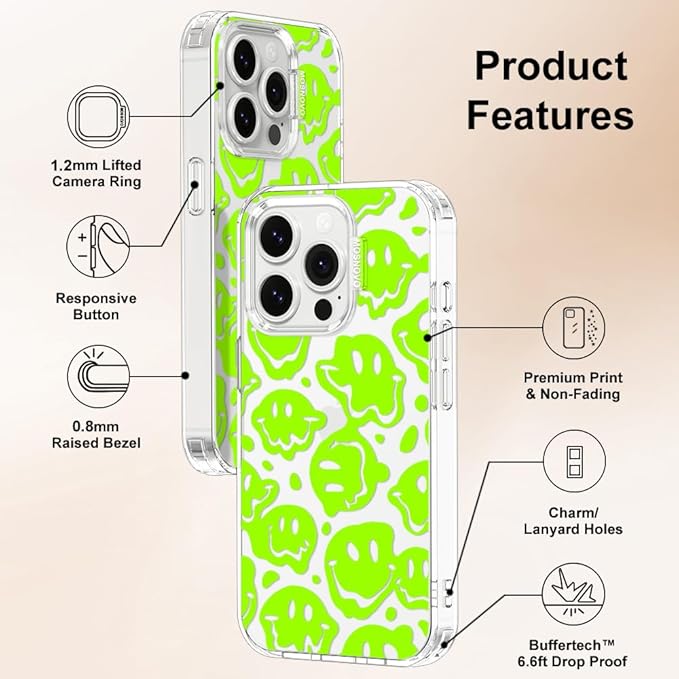 MOSNOVO Case for iPhone 14 Pro, [Buffertech 6.6ft Military-Grade Drop Protection] [Anti Peel Off Tech] Clear TPU Bumper Phone Case Cover Design - Distorted Green Smiles Face