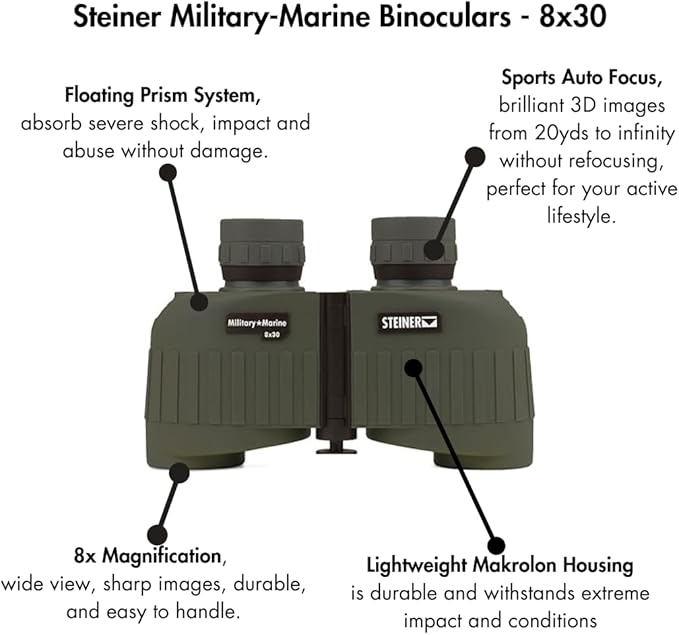 Steiner Military-Marine 8x30 Binoculars – Professional Grade High-Contrast Optics with Sports-Auto-Focus, Floating Prism Shock Absorption, and Heritage Warranty