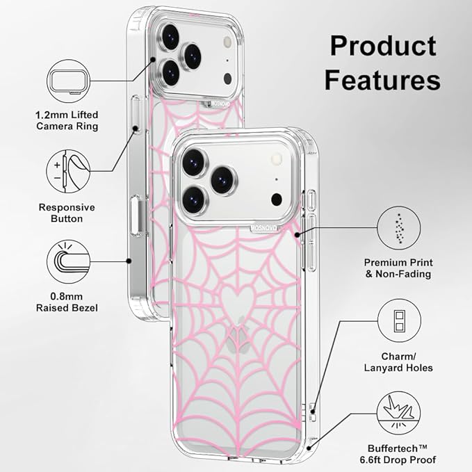 MOSNOVO for iPhone 17 Pro Max Case, Shockproof Military-Grade Protection 6.6ft Drop Tested, Camera Control, Clear Phone Case for iPhone 17 Pro Max, Pink Spiderweb Design