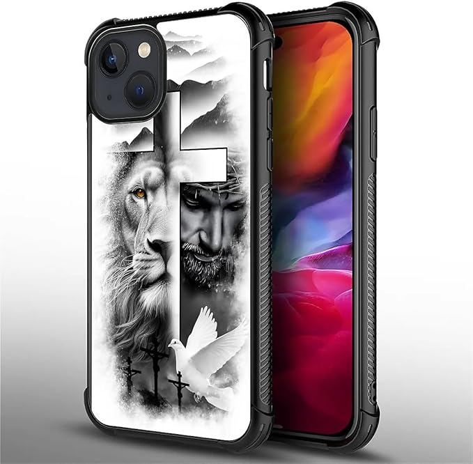 for iPhone 15 Case, Lion Cross Jesus Christ Dove Pattern Graphic Design Girl Boy Soft Silicone Hard Acrylic Shock Protection for iPhone 15