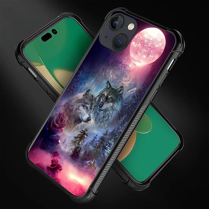 for iPhone 13 Case, Star Two Wolfs Howling Pattern Graphic Design Girl Boy Soft Silicone Hard Acrylic Shock Protection for iPhone 13