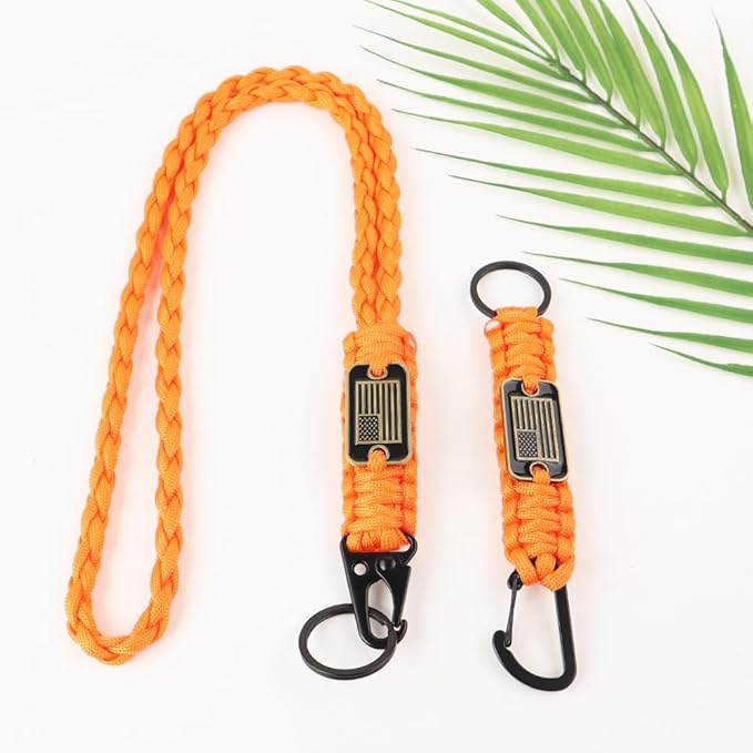 2pcs Heavy Duty Braided Paracord Lanyard Keychains with USA Flag, Parachute Rope Necklace for Outdoor Activities