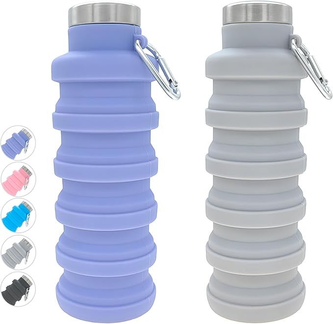 YCT Collapsible Water Bottle 17oz（500ml），Travel Portable Sport Water Bottle，Reusable Silicone Foldable Water Bottles for Gym Camping Hiking (Purple+Grey)
