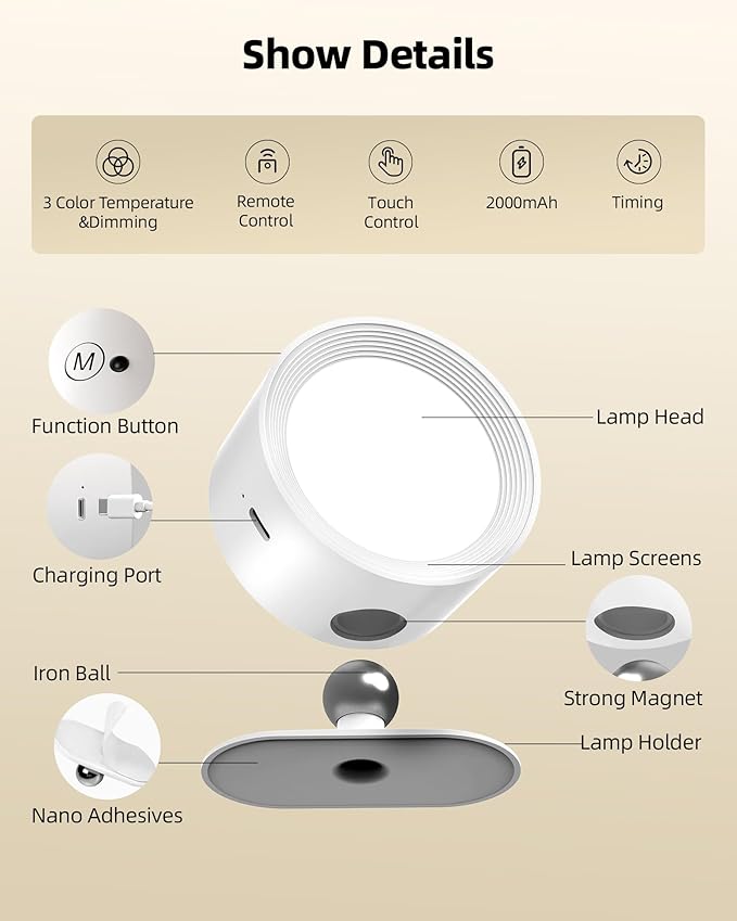 LED Wall Mounted Lights, Rechargeable Wall Sconces Lamp, 3 Color Temps & Remote and Touch, 360° Rotation Dimmable Cordless Wall Light for Study Bedroom Reading Bedside(White, 2 Pack)