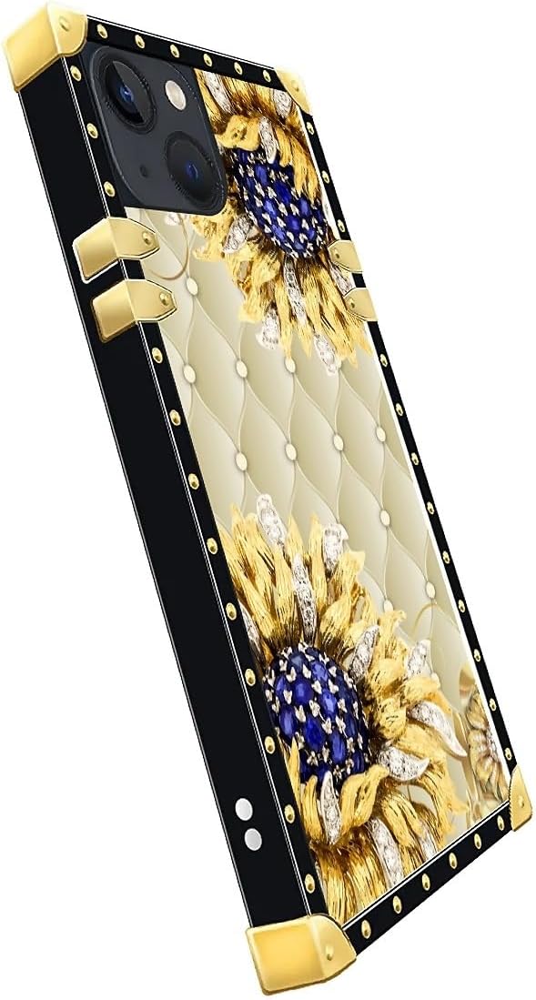 Compatible with iPhone 13 Case, Sunflower Diamonds Leather Luxury Golden Decoration for Girl Women Soft TPU Shockproof Protective Hard PC Back for iPhone 13