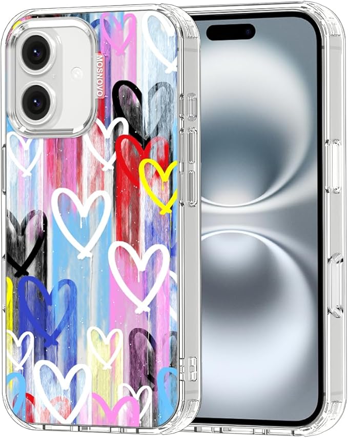 MOSNOVO for iPhone 16 Case, Shockproof Military-Grade Protection 6.6ft Drop Tested, Clear Phone Case for iPhone 16, Graffiti Hearts Design