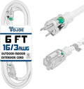 YOJOE Indoor Outdoor Extension Cord with Lighted End, 3 Prong 13A Weatherproof Power Cord, 16 Gauge Heavy Duty 6 ft White Extension Cord for Garage, Garden and Home, 16/3 SJTW UL Listed
