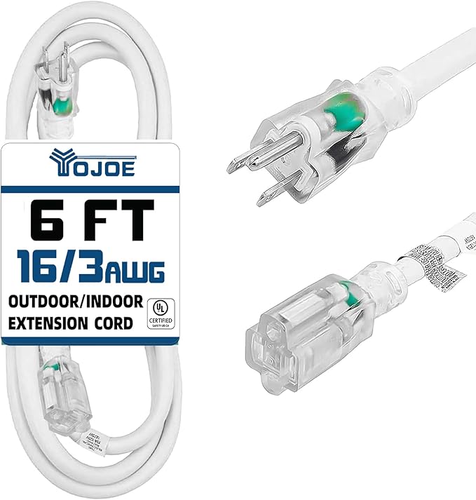 YOJOE Indoor Outdoor Extension Cord with Lighted End, 3 Prong 13A Weatherproof Power Cord, 16 Gauge Heavy Duty 6 ft White Extension Cord for Garage, Garden and Home, 16/3 SJTW UL Listed